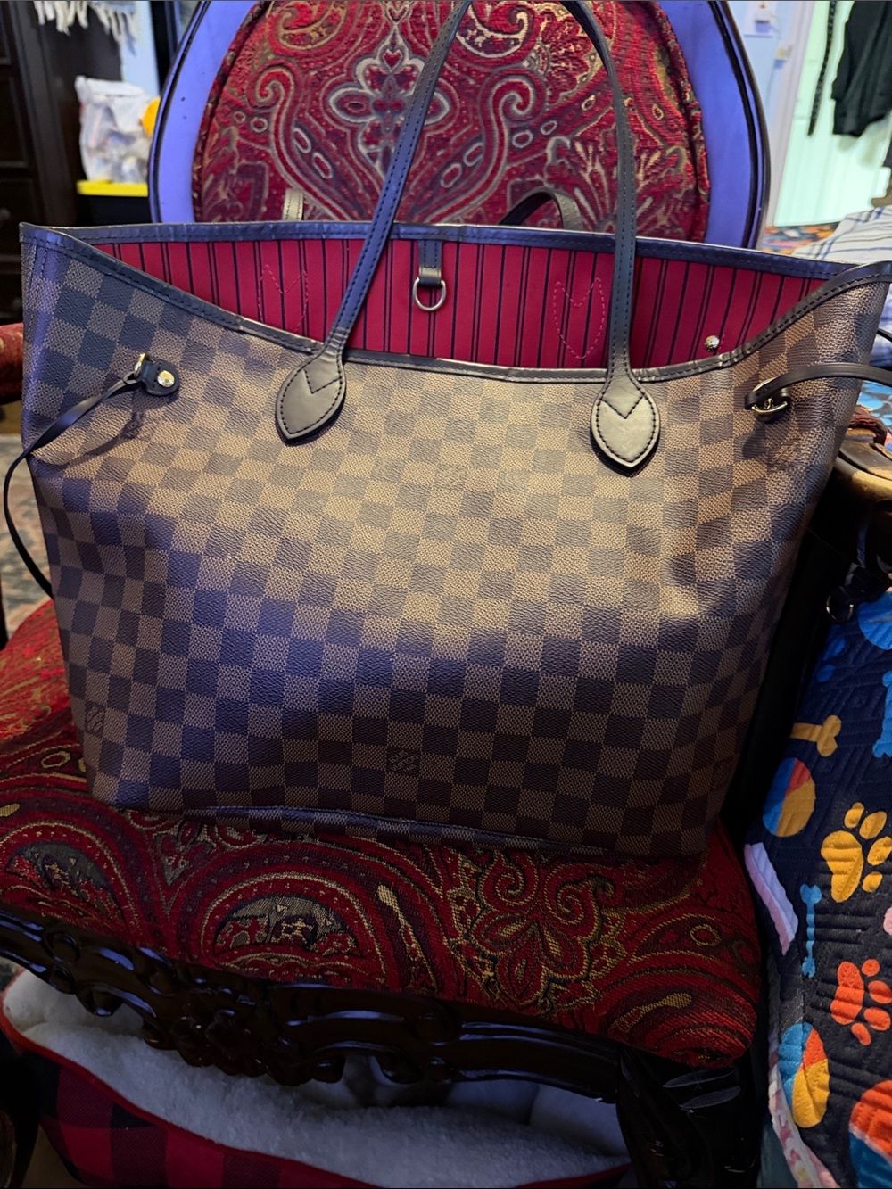 Authentic Louie Vuitton Brown Checkered Tote Bag with Red Interior with hand bag